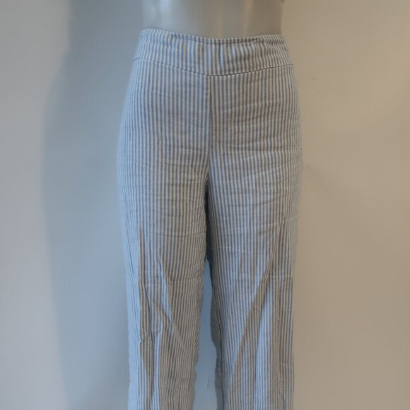 Women Avenue Montaigne Alex Blue White Linen Blend Stipe Pull-On Flared Pants 4 - Picture 7 of 11